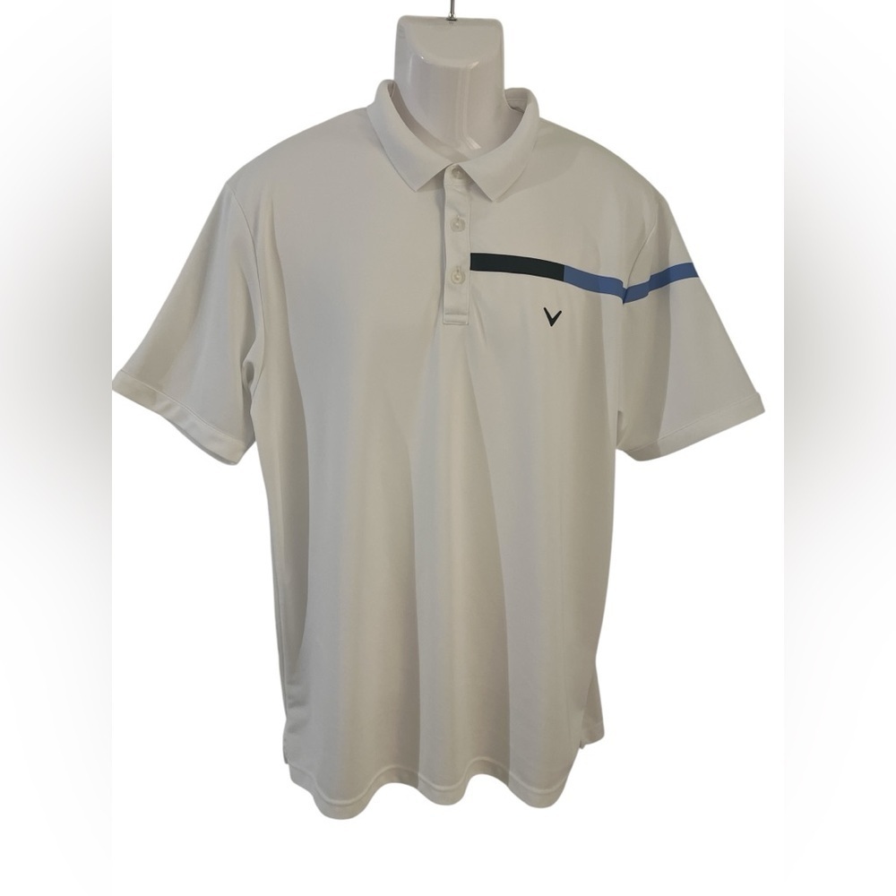 Callaway White Golf Polo with Blue and Black stripes. Size/XL